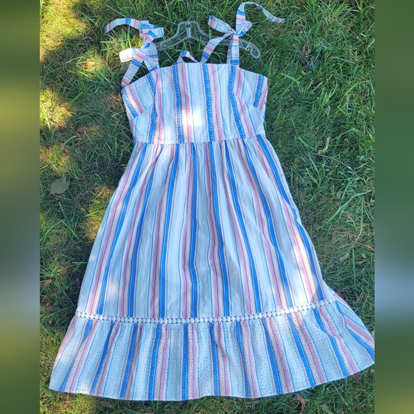 Shoshanna Demeri Striped Eyelet Dress in Rainbow Womens 12 Blue Pink white Midi - Picture 1 of 14